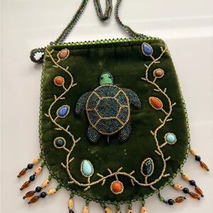 Beaded Turtle Velvet Crossbody Bag in Olive Green